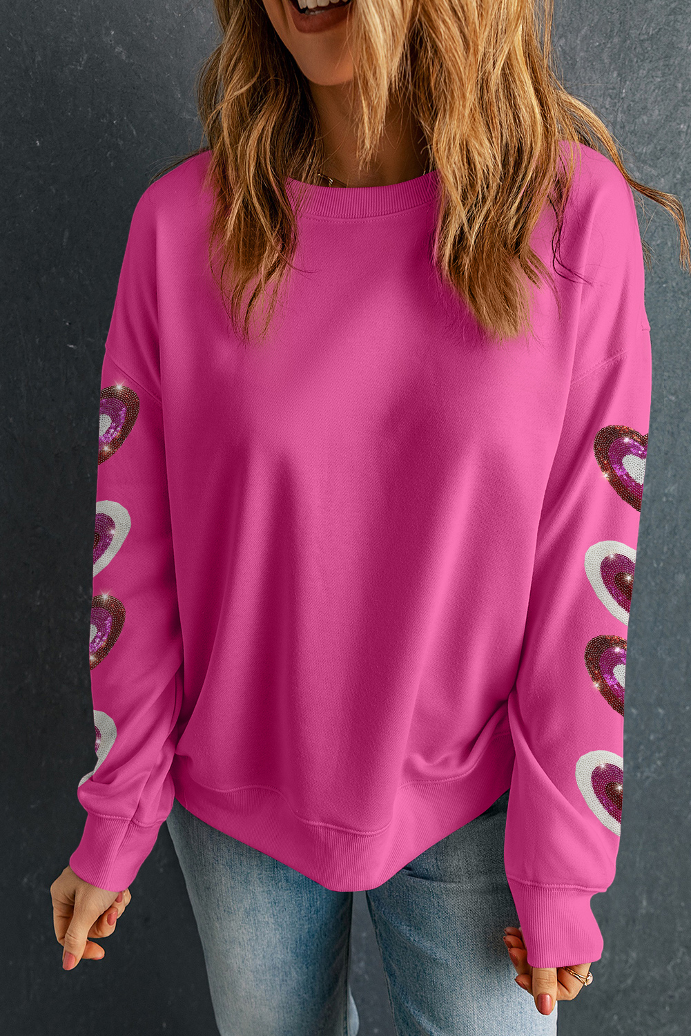 Bonbon Sequined Heart Patched Drop Shoulder Valentines Sweatshirt - loveforevers