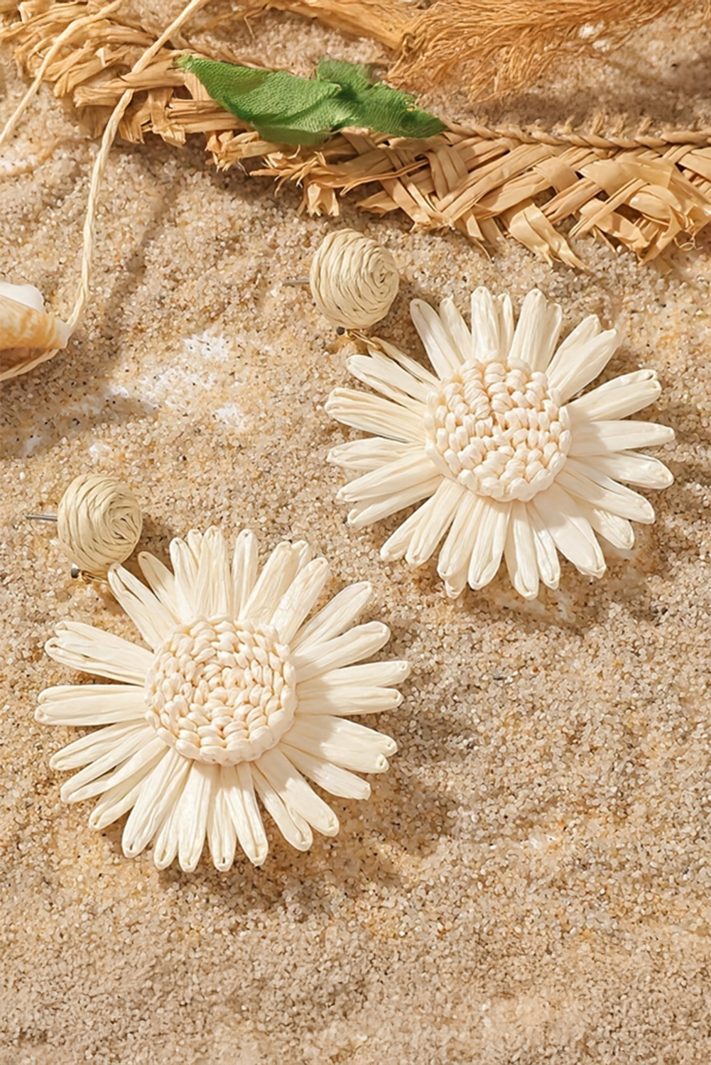 White Boho Raffia Crochet Sunflower Dangle Earrings - loveforevers