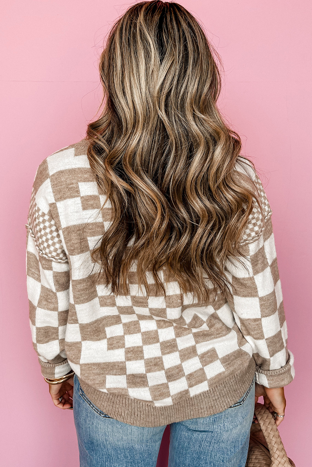 Khaki Checkered Print Drop Shoulder Round Neck Sweater - loveforevers
