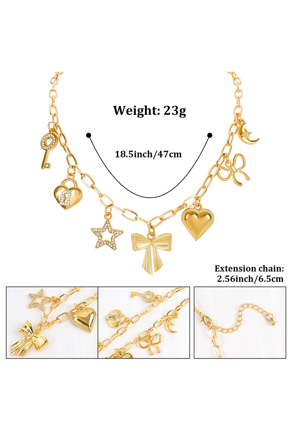 Gold Bow Heart Star Key Charm Alloy Adjustable Chain Necklace - loveforevers