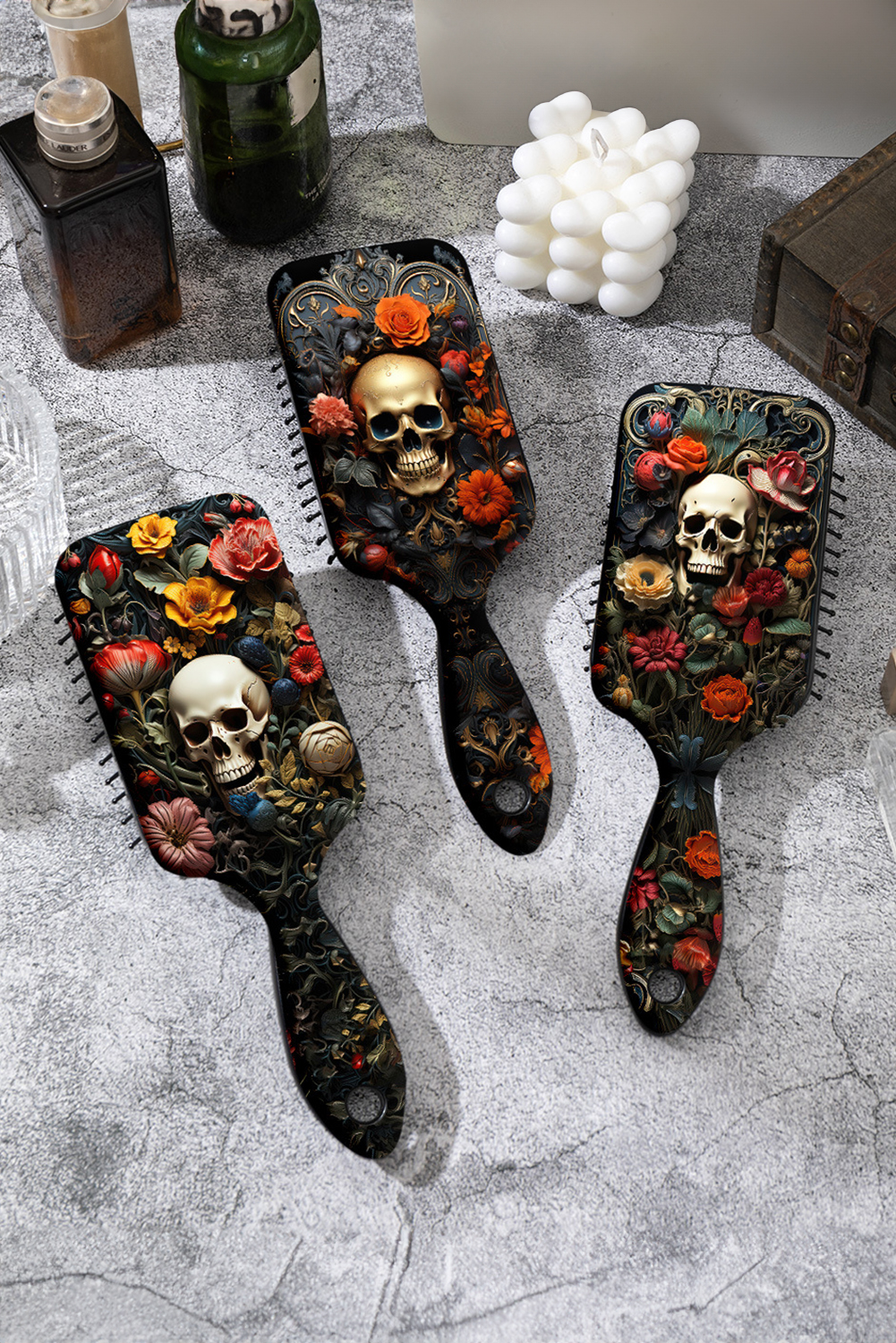 Black Gothic Flower Skull Print Air Cushion Comb - loveforevers