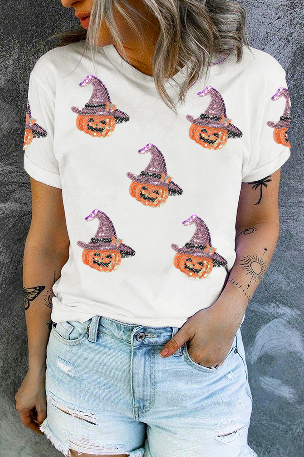 White Sequin Pumpkin Witch Halloween Graphic Tee - loveforevers