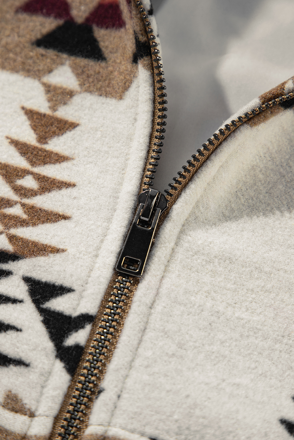 Beige Aztec Printed Stand Neck Zip Up Jacket - loveforevers