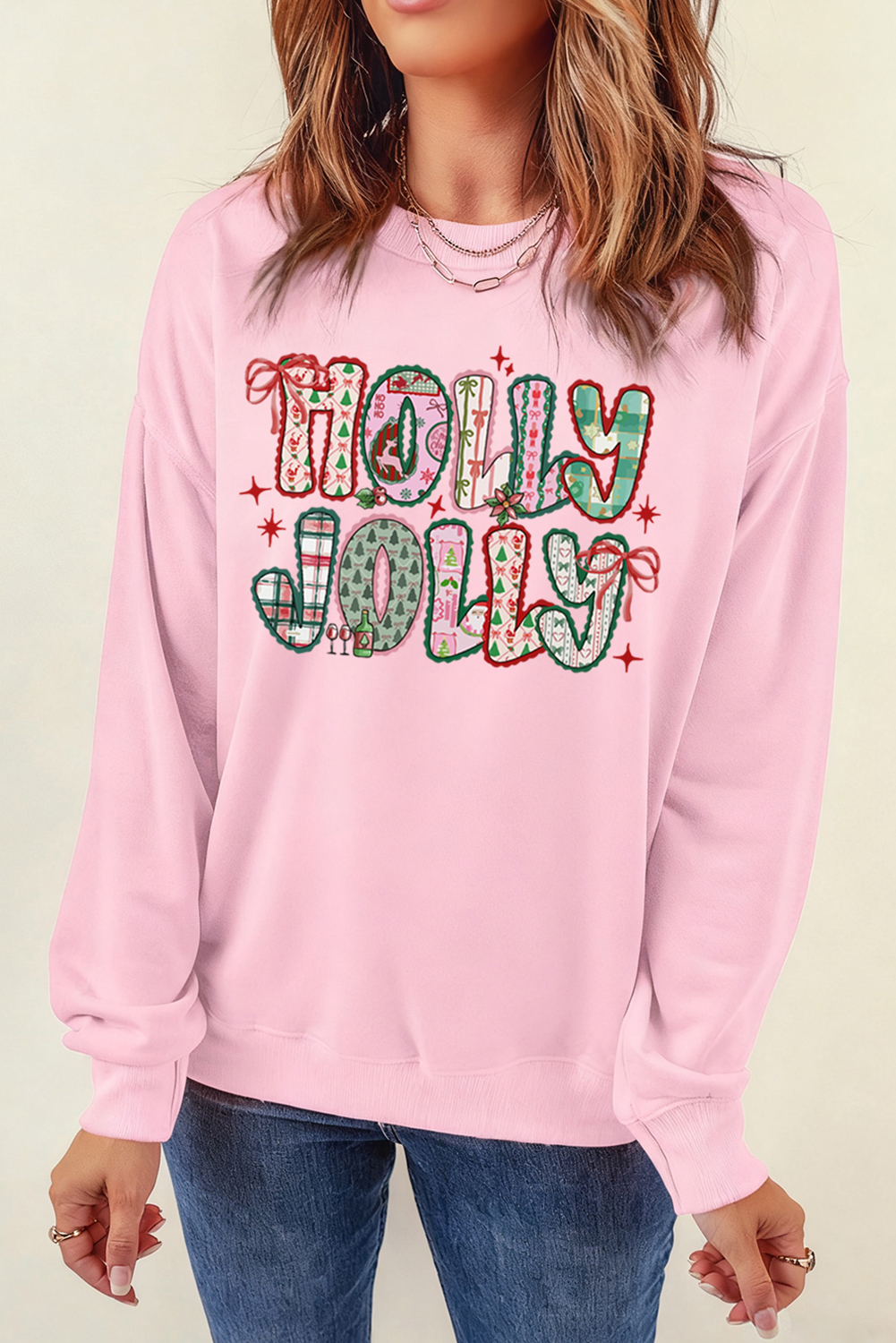 Pink HOLLY JOLLY Cute Holiday Graphic Sweatshirt - loveforevers