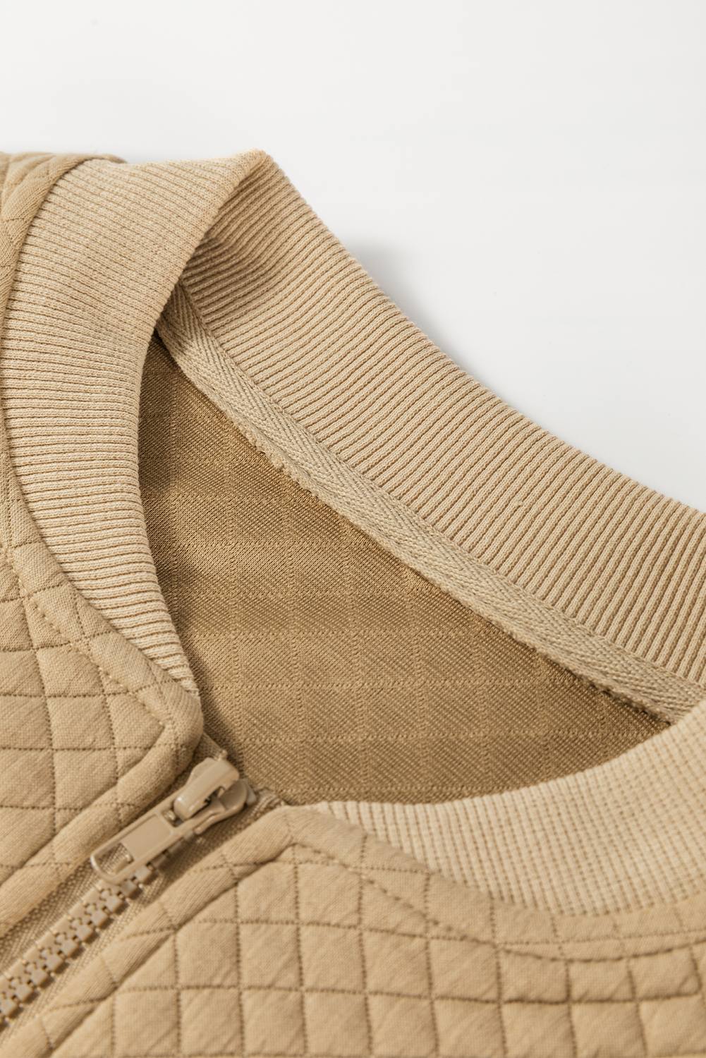 Pale Khaki Solid Geometric Textured Baseball Collar Jacket - loveforevers