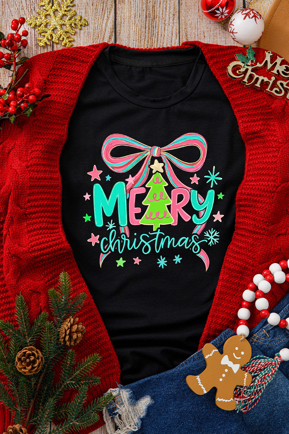 Black MERRY Christmas Vibrant Bow Print T Shirt - loveforevers