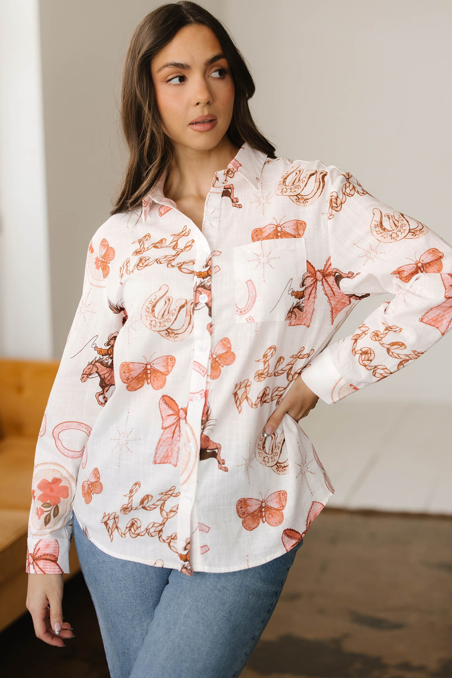 White Rodeo Cowgirl Print Western Button up Shirt - loveforevers