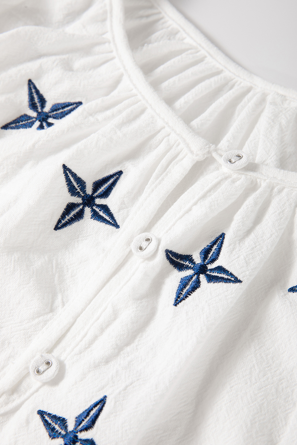 White Geometric Embroidered Long Sleeve Buttoned Blouse - loveforevers