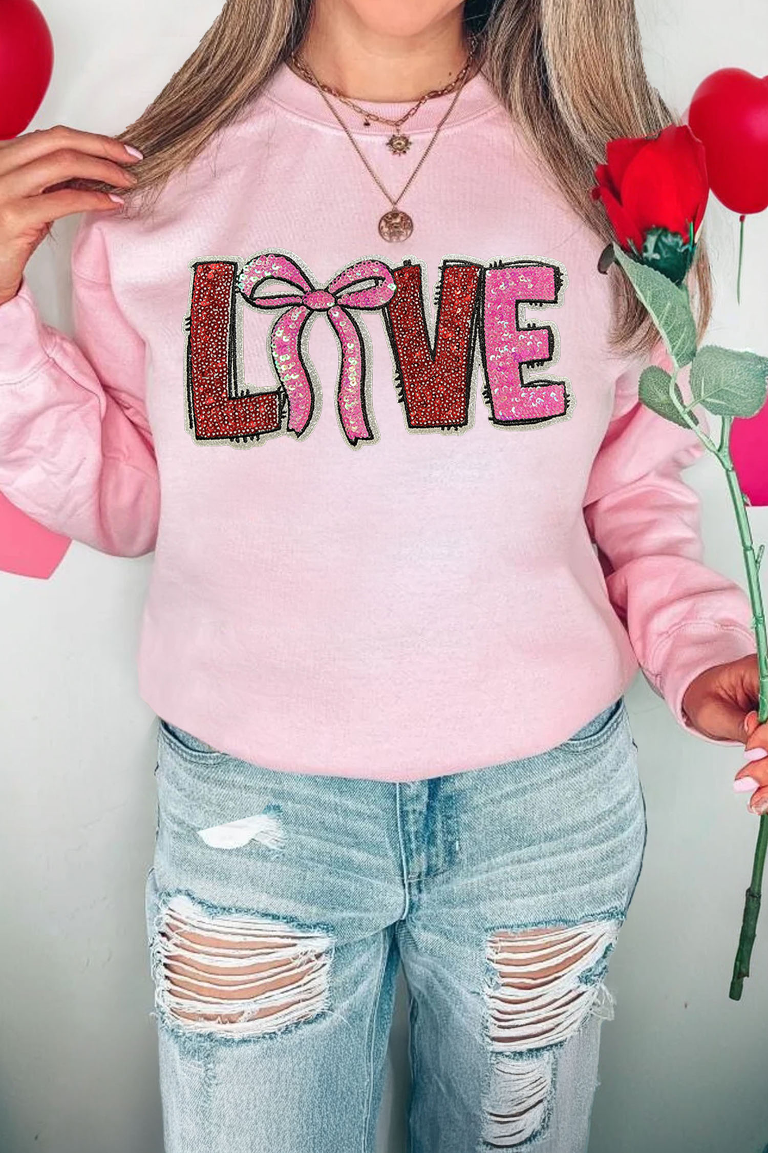 Pink Bow Love Sequin Pattern Valentine Sweatshirt - loveforevers