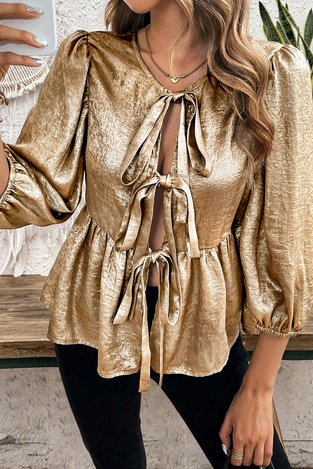 Gold Bow Tie Front Puff 3/4 Sleeve Ruffle Hem Blouse - loveforevers