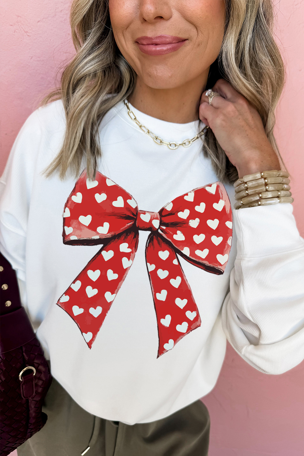 White Heart Bow Printed Round Neck Valentines Pullover Sweatshirt - loveforevers