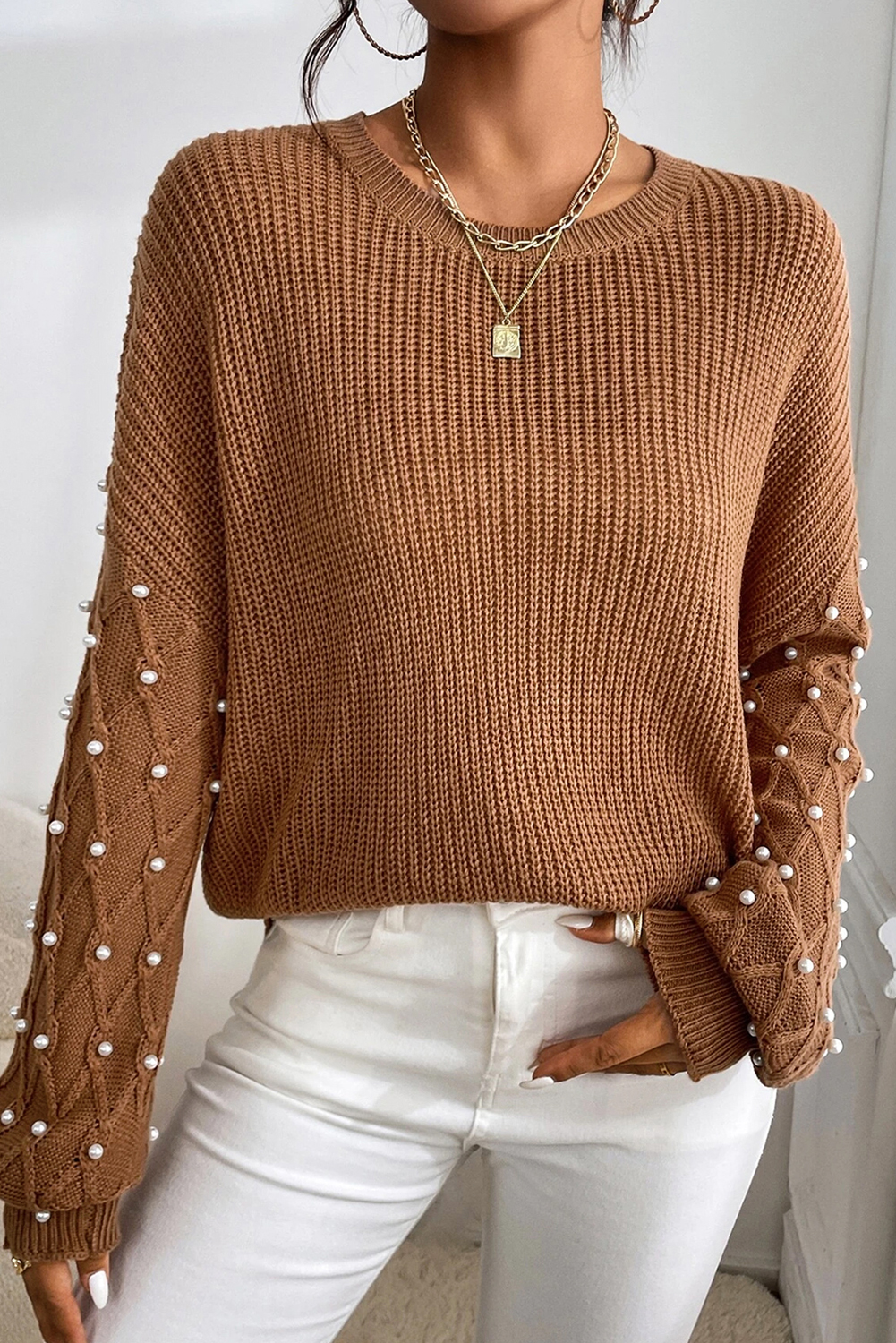 Chestnut Beaded Drop Shoulder Round Neck Sweater - loveforevers