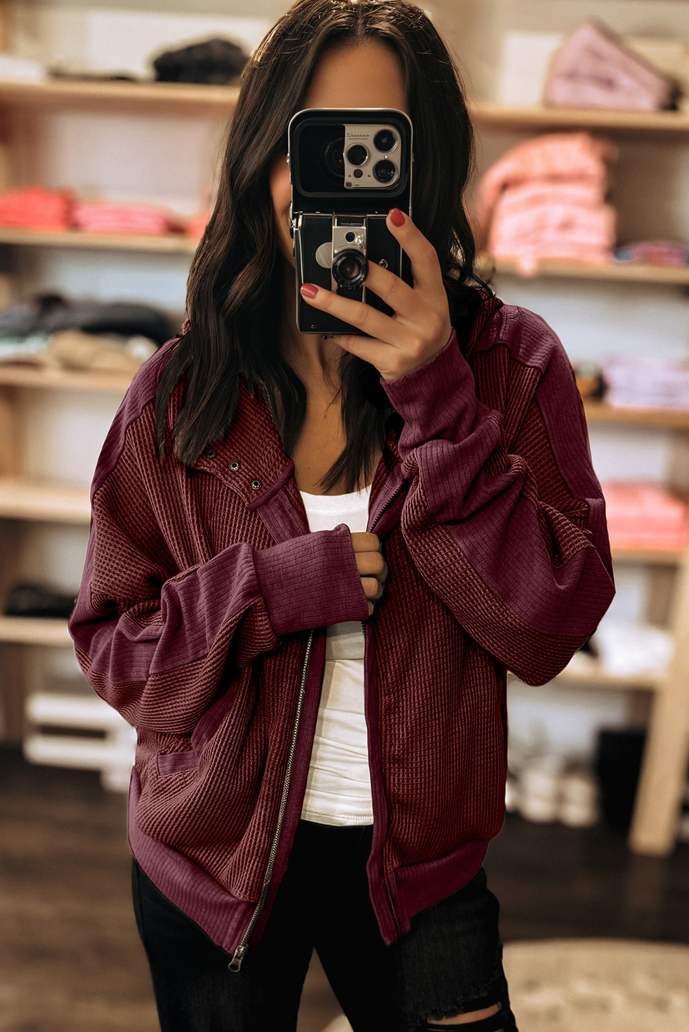 Burgundy Waffle Splicing Zip Up Front Button Hooded Jacket - loveforevers