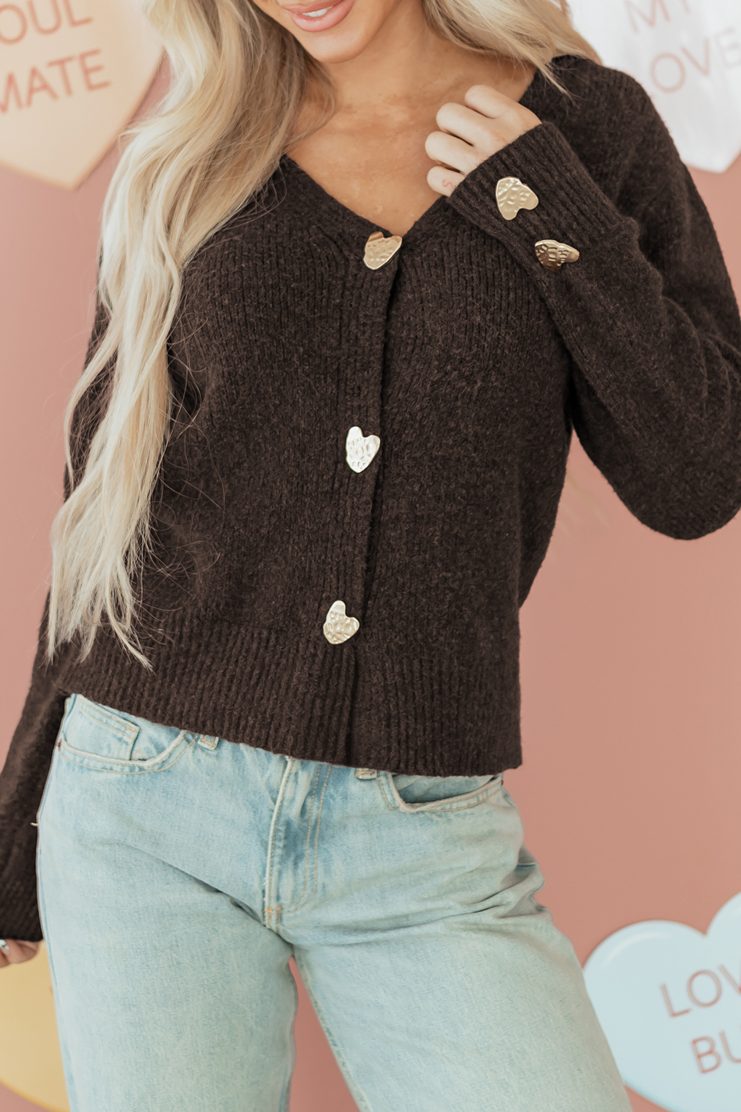 Fiery Red Heart Metal Button V Neck Cardigan Sweater - loveforevers