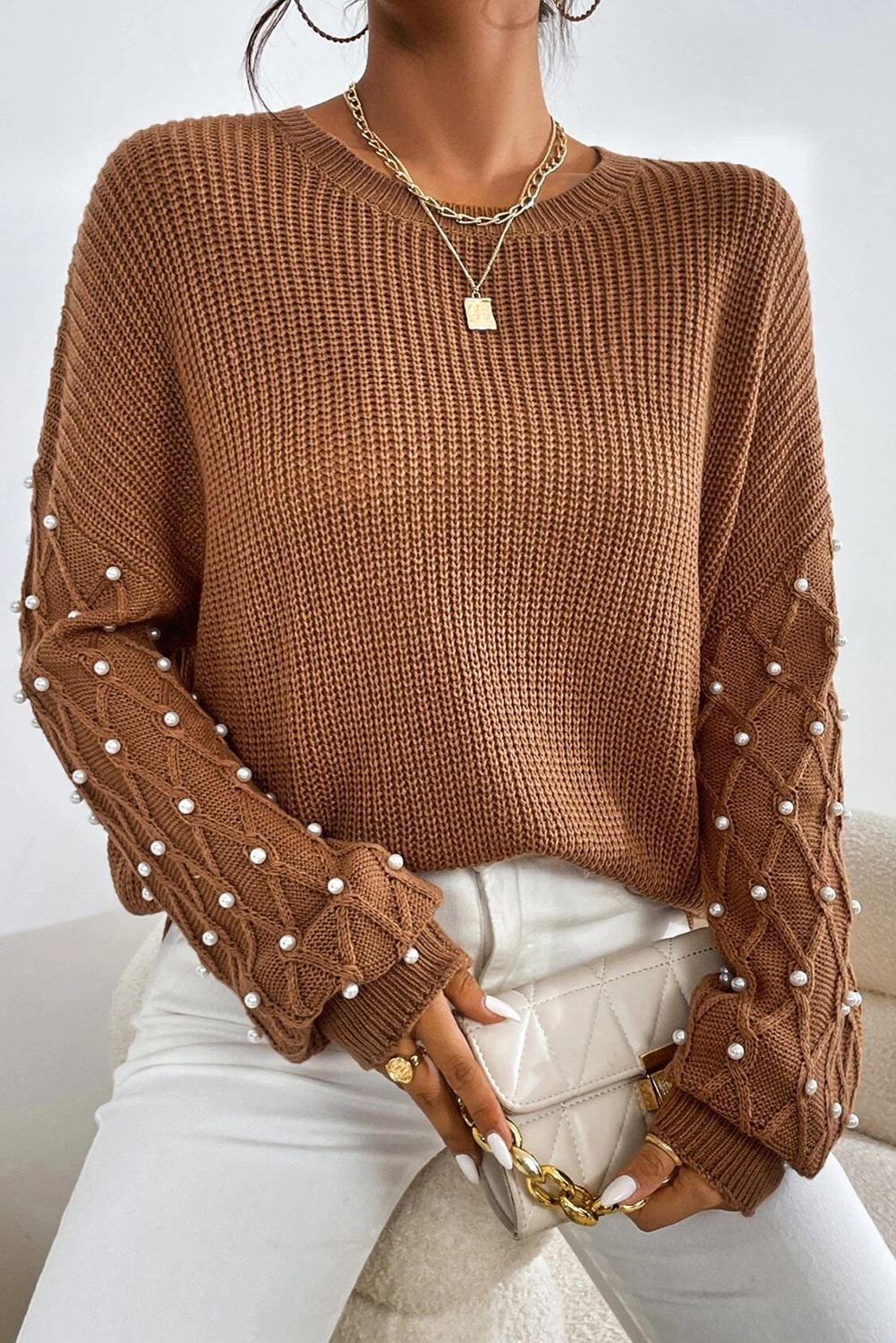 Chestnut Beaded Drop Shoulder Round Neck Sweater - loveforevers