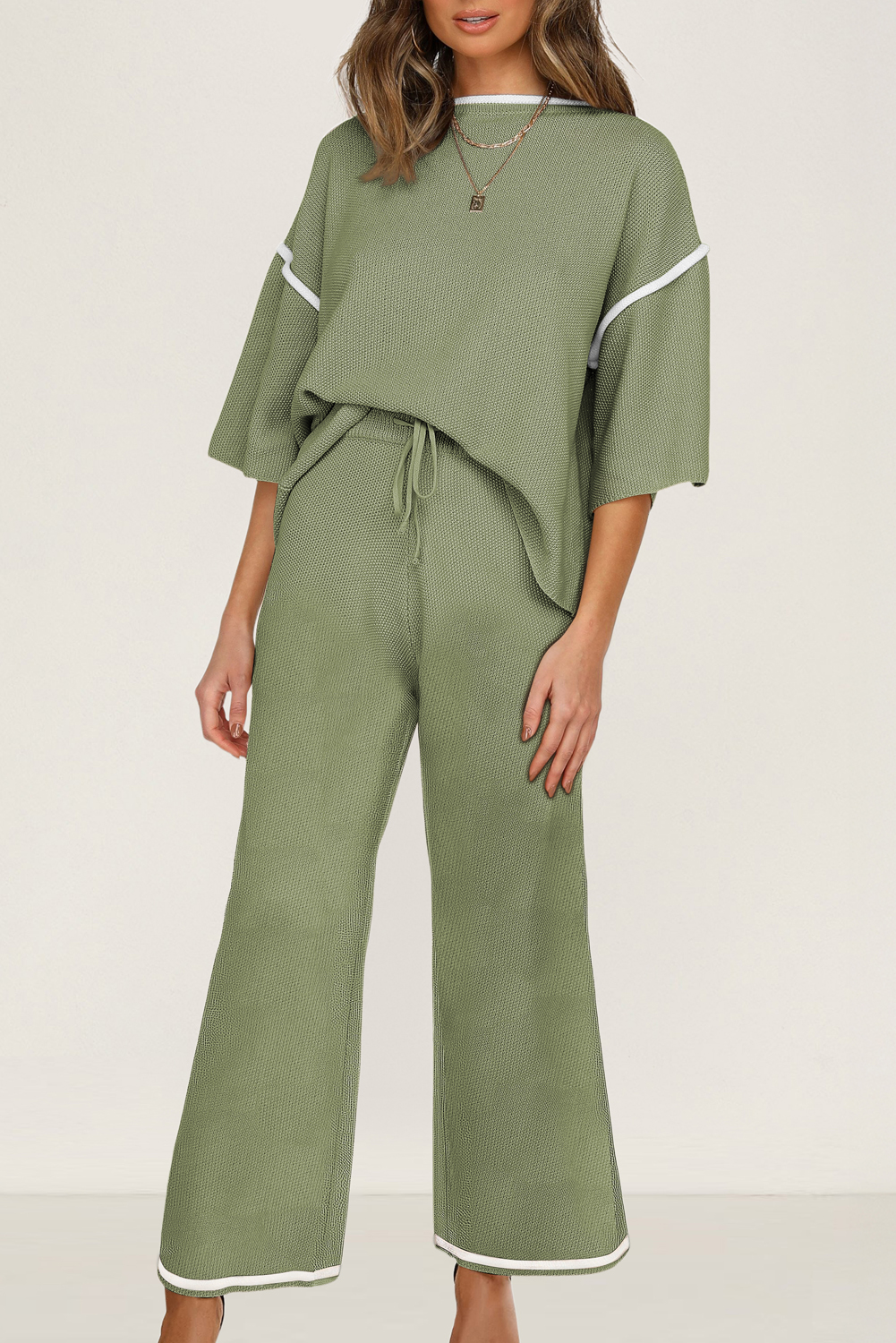 Blackish Green Contrast Trim Half Sleeve Top Drawstring Pants Loose 2pcs Sweater Suit - loveforevers