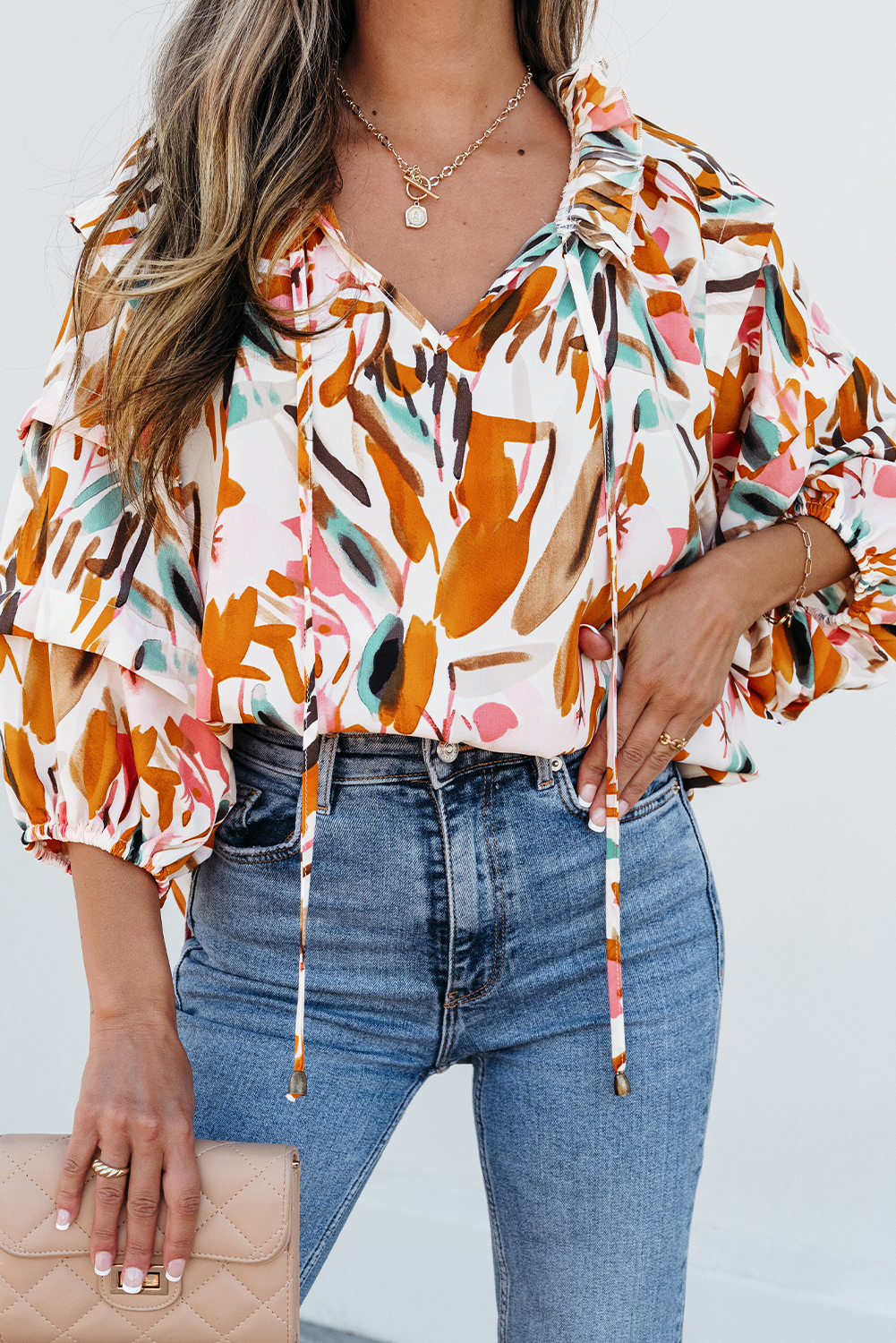 Yellow Abstract Print Drawstring Frilled V Neck 3/4 Sleeve Blouse - loveforevers