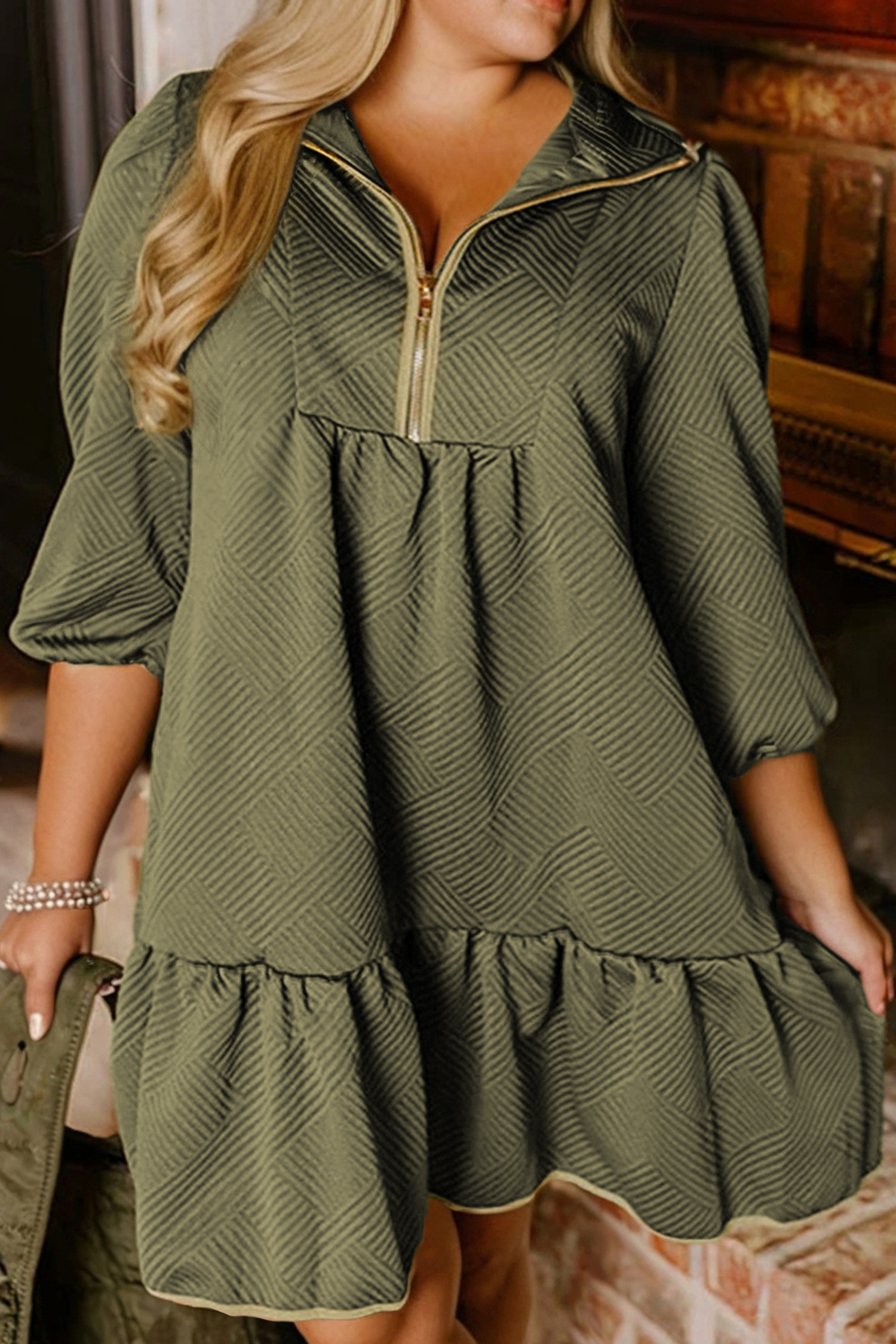 Jungle Green Plus Size Textured Contrast Trim Quarter Zip Bracelet Sleeve Mini Dress - loveforevers