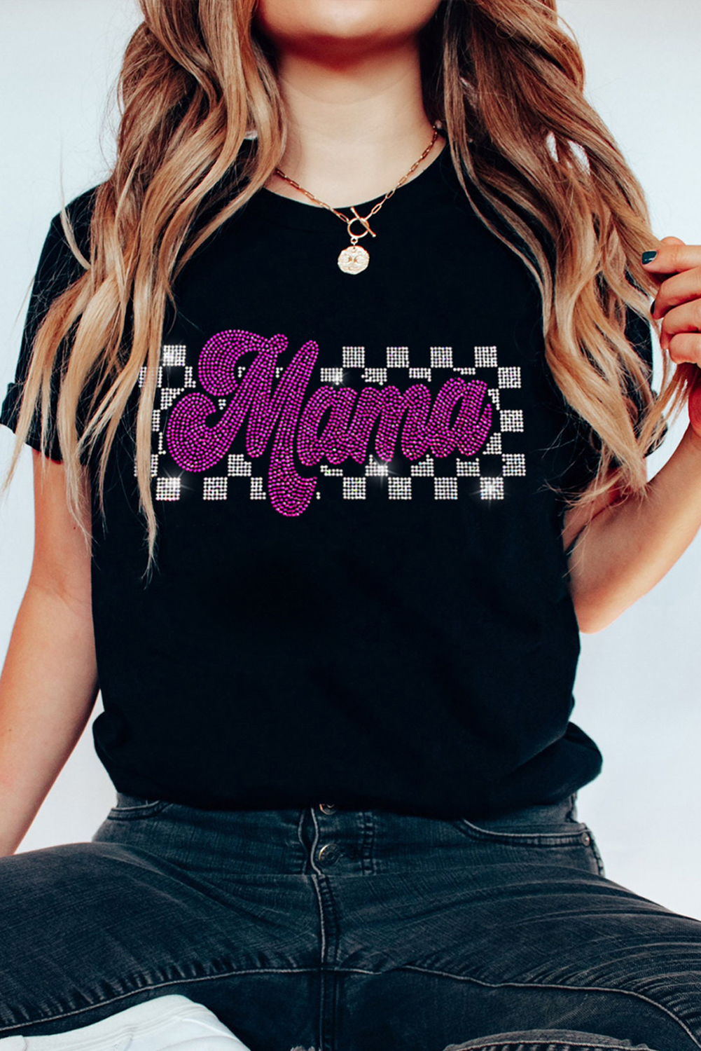 Black Rhinestone Mama Letter Graphic T Shirt - loveforevers