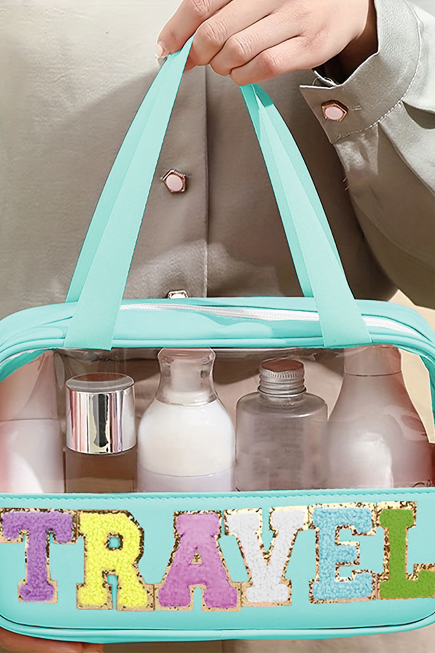 Light Pink TRAVEL Chenille Letter Clear PVC Makeup Bag - loveforevers