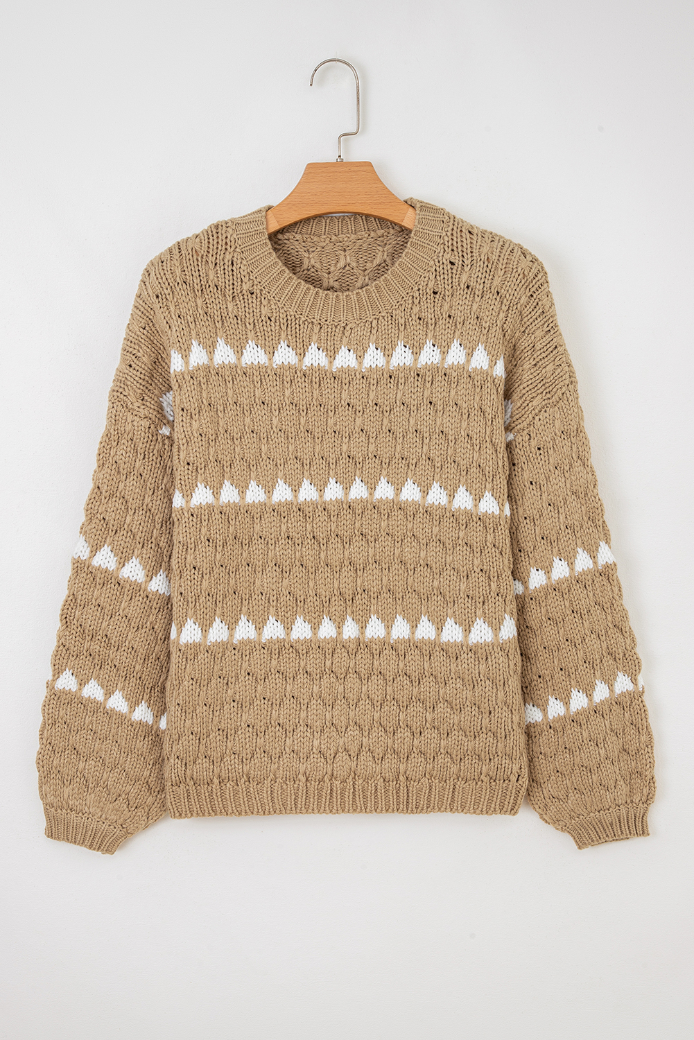 Pale Khaki Contrast Detail Textured Knit Puff Sleeve Baggy Sweater - loveforevers