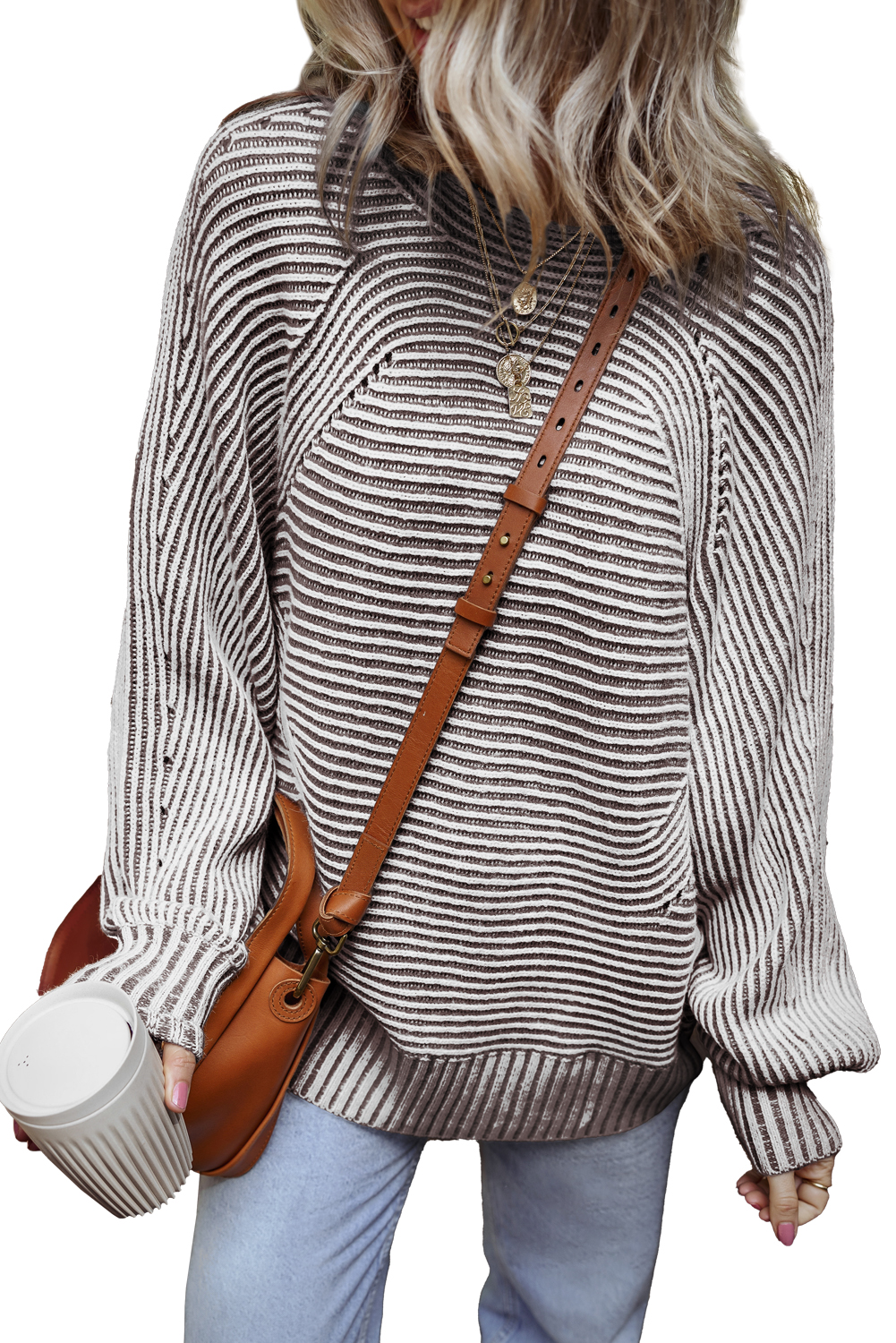 Coffee Striped Print Ribbed Knit Boat Neck Baggy Sweater - loveforevers