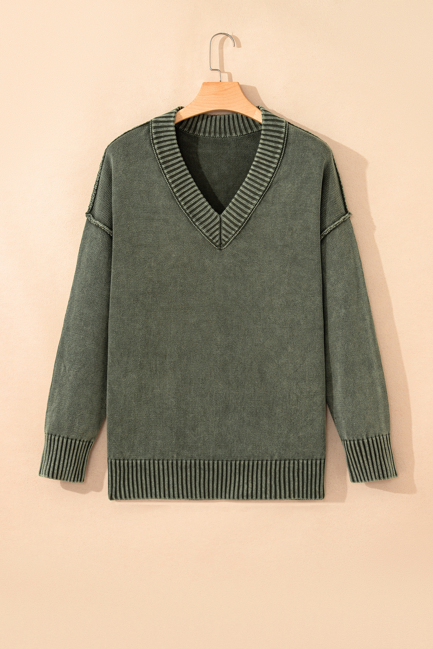 Four Leaf Clover Mineral Wash V Neck Knit Exposed Seam Drop Shoulder Loose Sweater - loveforevers