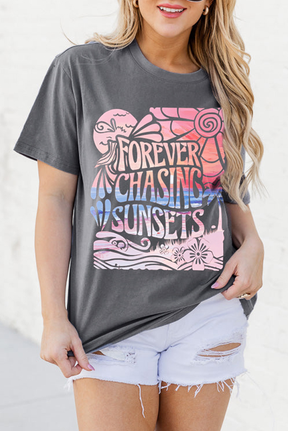 Gray FOREVER CHASING SUNSETS Graphic Summer T Shirt - loveforevers