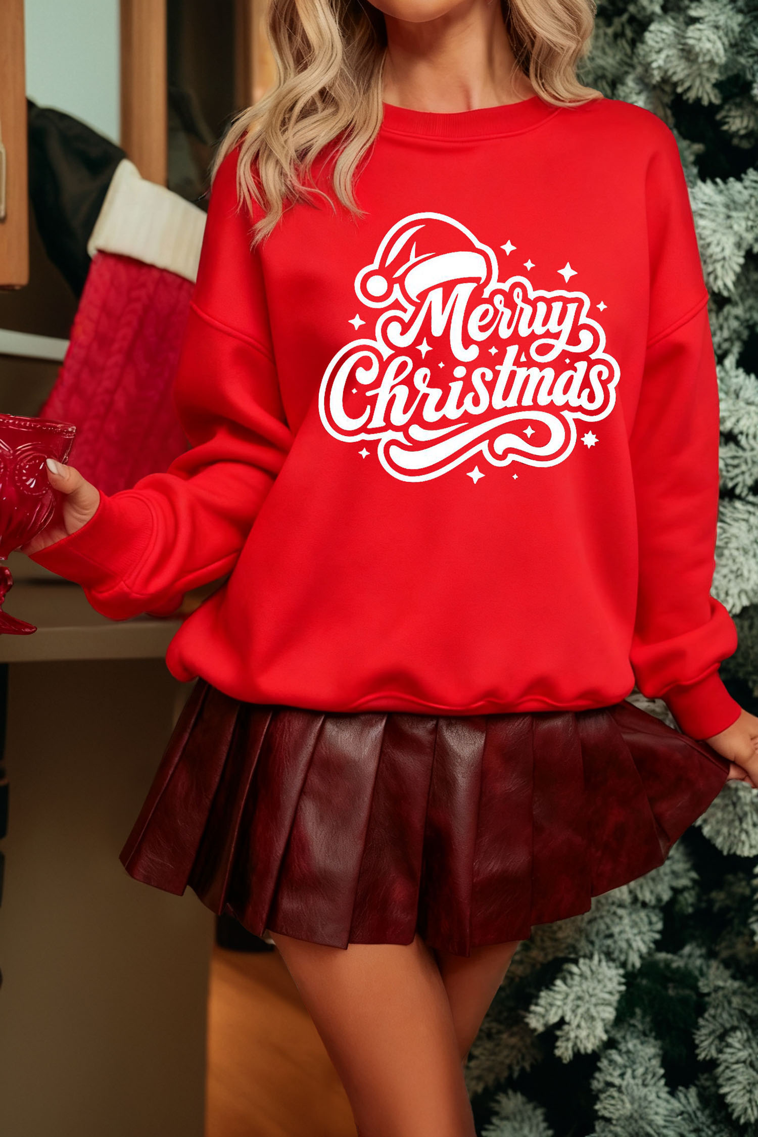 Red Merry Christmas Graphic Drop Shoulder Pullover Sweatshirt - loveforevers
