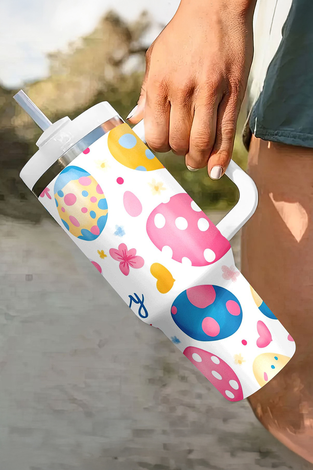 White Happy Easter Bunny Eggs Printed Thermal Tumbler - loveforevers