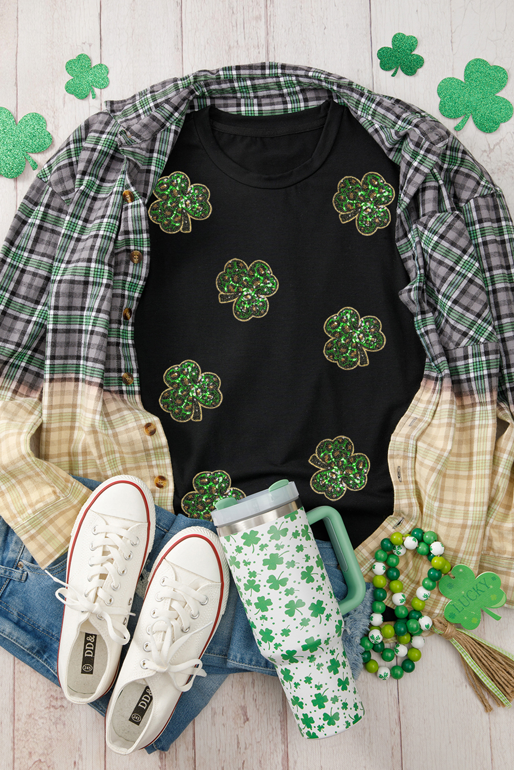 Black Sequin Leopard Clover Graphic Crewneck St Patrick Tee - loveforevers