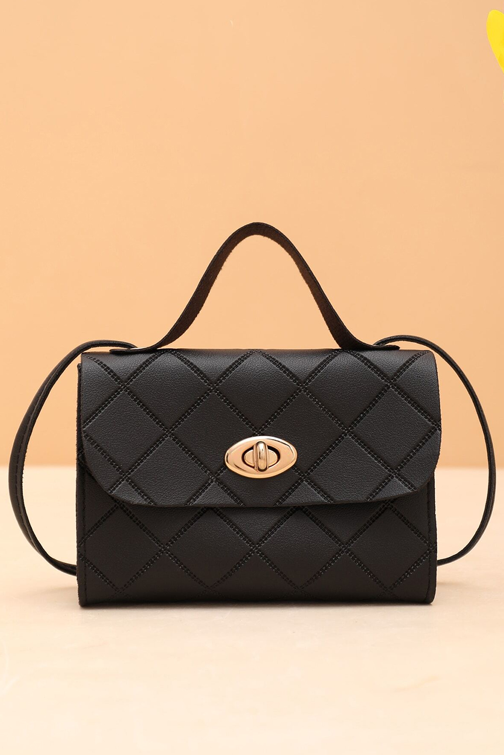 Black PU Leather Diamond Pattern Messenger Bag - loveforevers