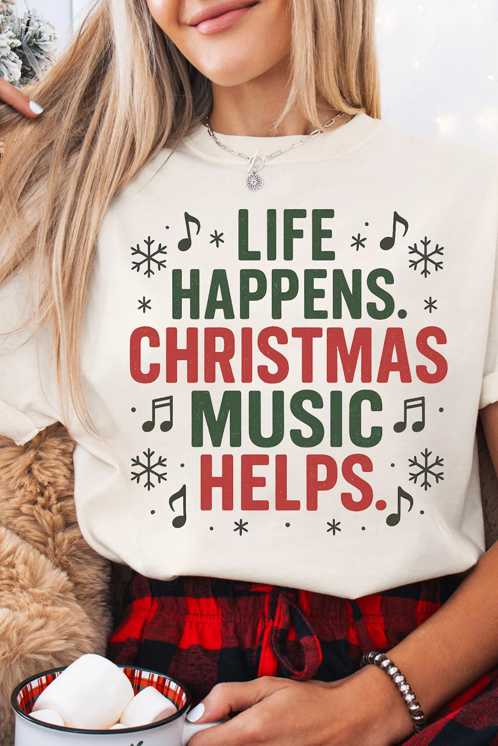 White LIFE HAPPENS CHRISTMAS MUSIC HELPS Graphic Tee - loveforevers