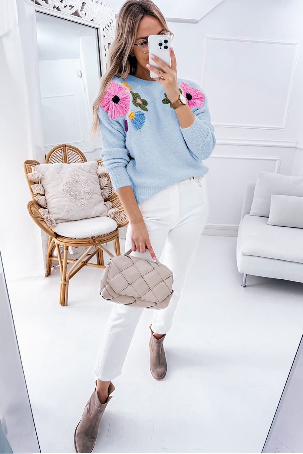 Pink Knitted Flower Pattern Ribbed Edge Sweater - loveforevers