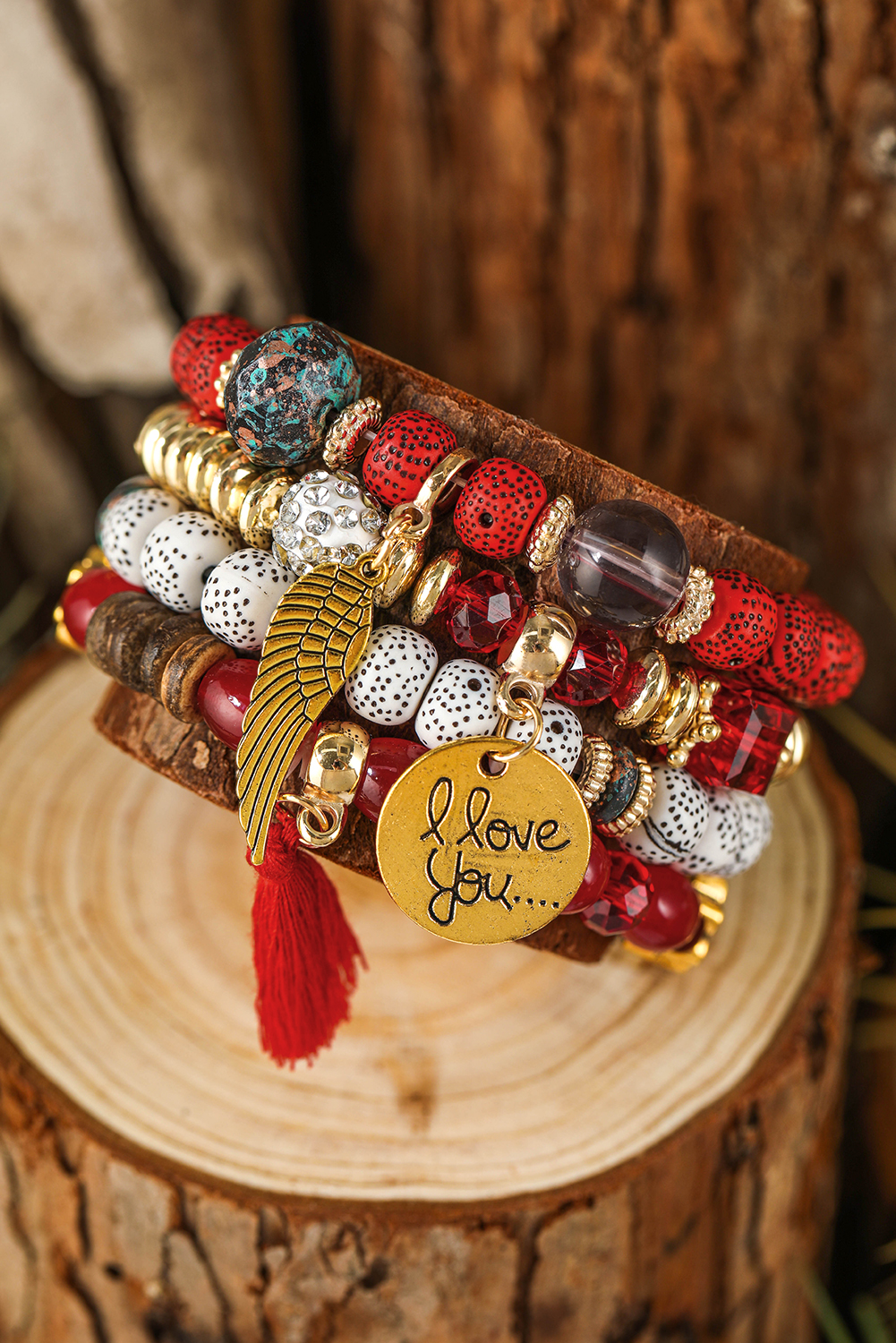 Red Dahlia 4pcs Boho Disc Tassel Wing Pendant Beaded Bracelet Set - loveforevers