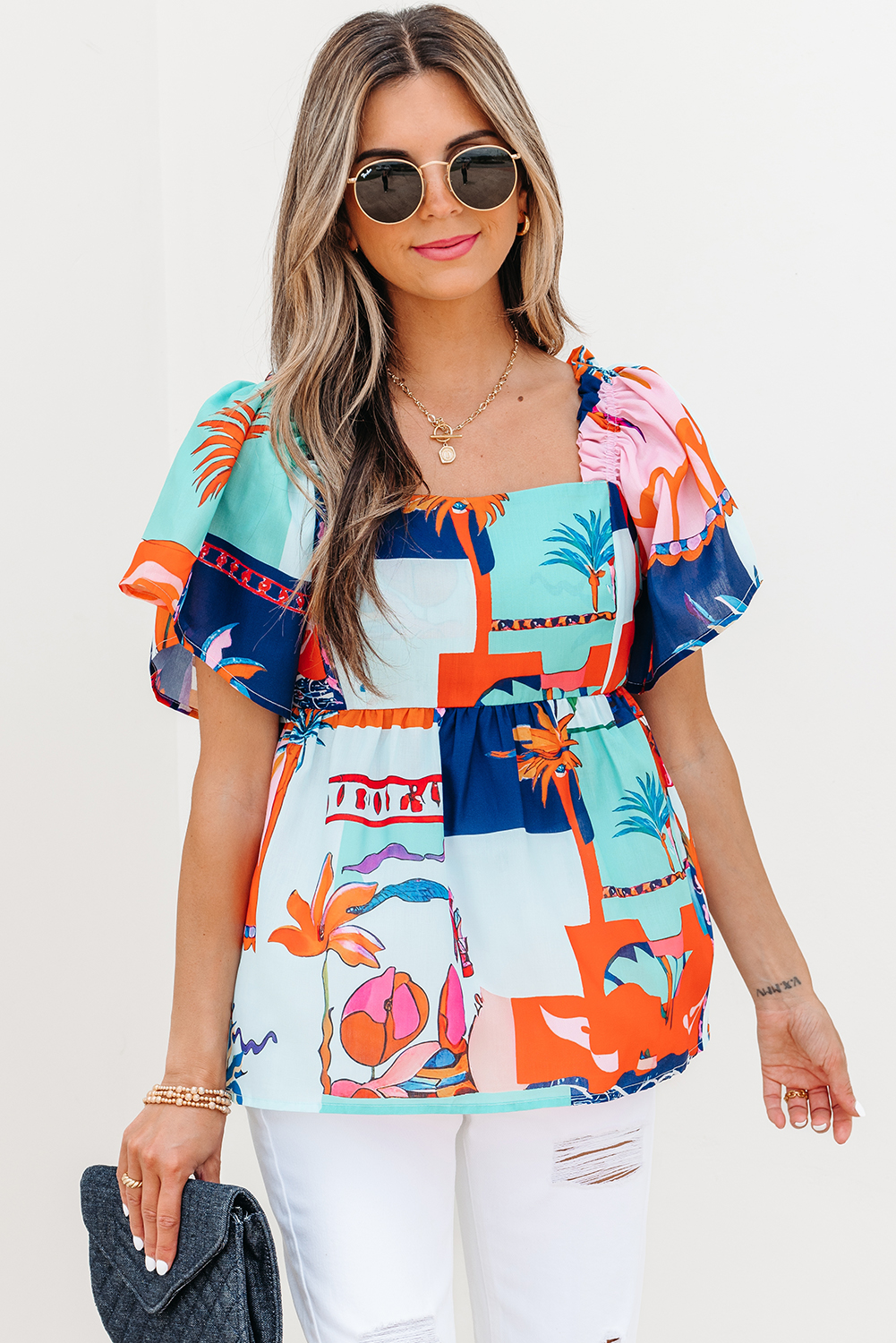 Sky Blue Tropical Printed Square Neck Flutter Sleeve Babydoll Blouse - loveforevers