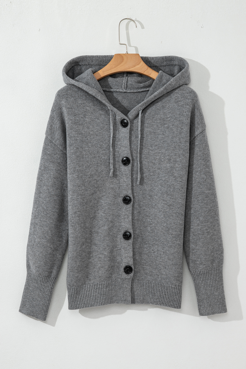 Medium Grey Drawstring Hooded Button Up Drop Shoulder Sweater Cardigan - loveforevers