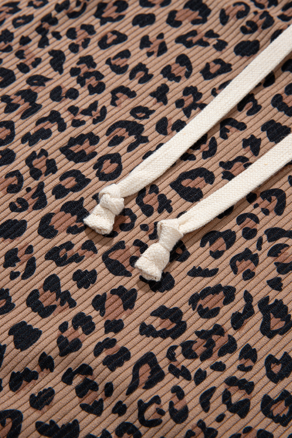 Khaki Ribbed Leopard Print Contrast Collar Zip Hooded Pullover Sweatshirt - loveforevers
