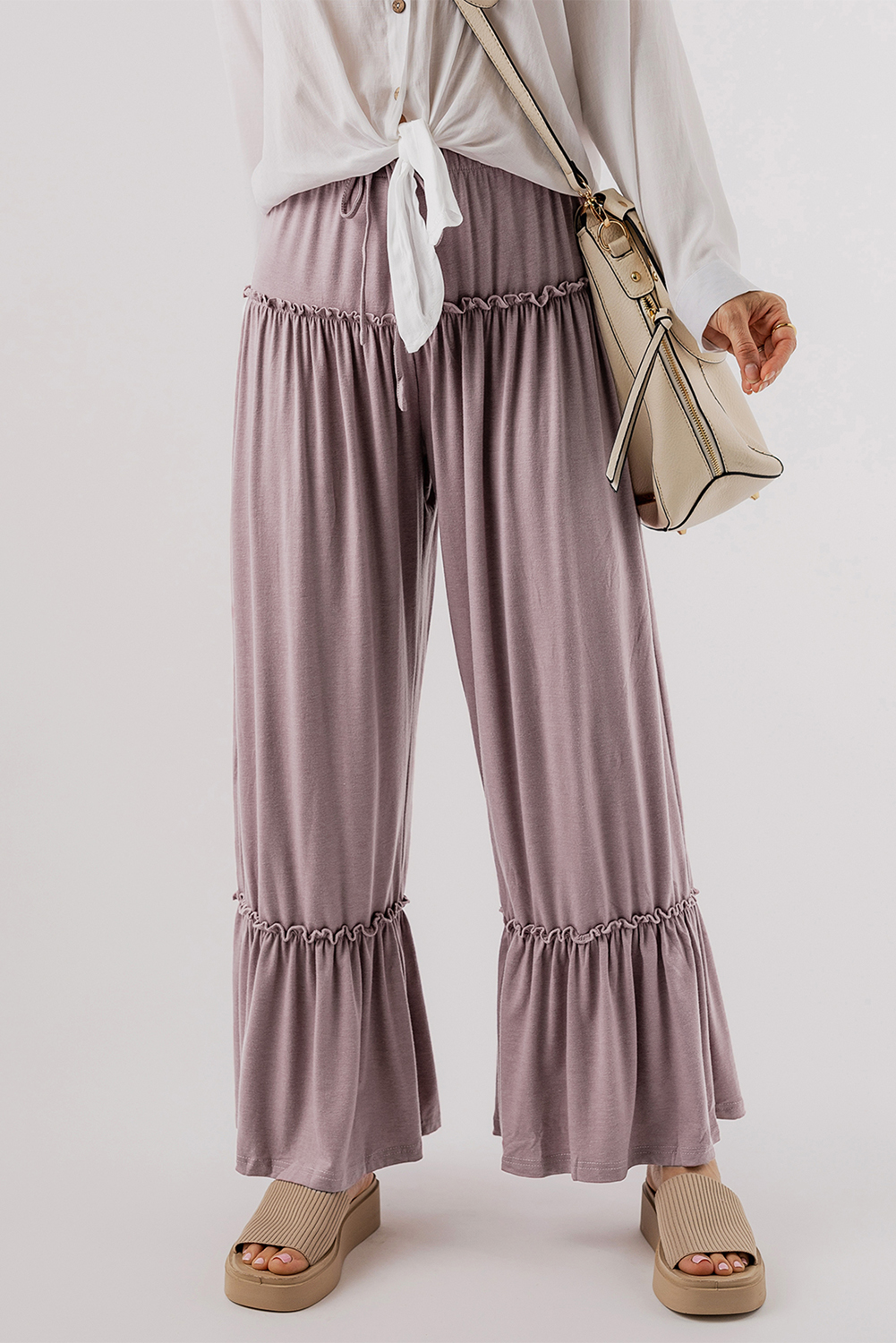 Khaki Frilled Drawstring High Waist Wide Leg Pants - loveforevers