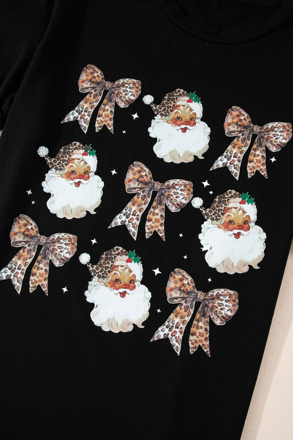 Black Santa Claus Leopard Bow Print Crew Neck Casual T Shirt - loveforevers