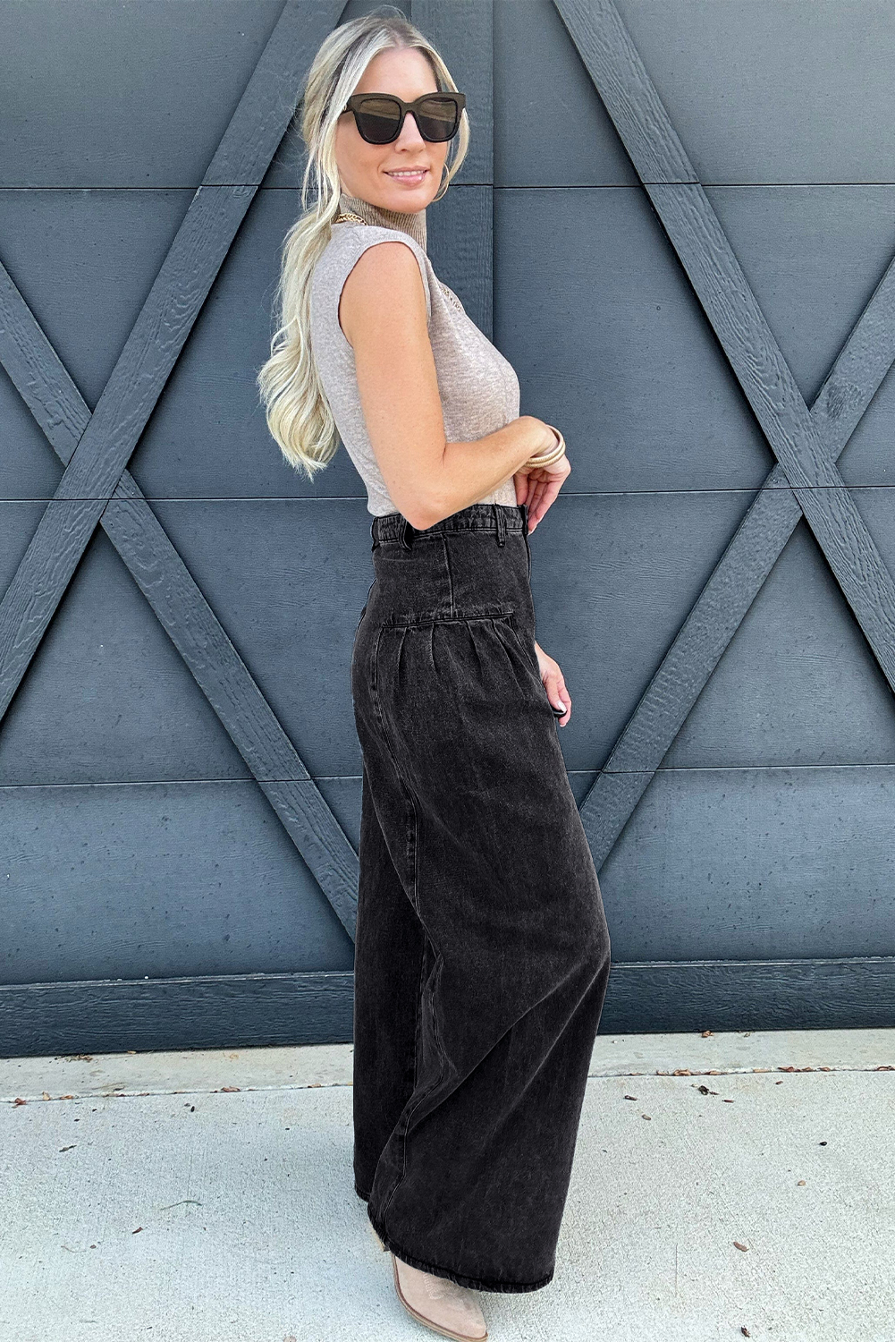Dark Grey Pleated Wide Leg Mineral Wash Denim Pants - loveforevers