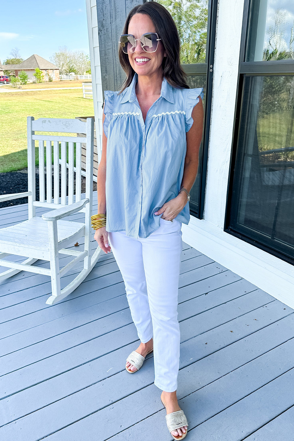 Sky Blue Ric Rac Trim Frilly Sleeveless Shirt - loveforevers