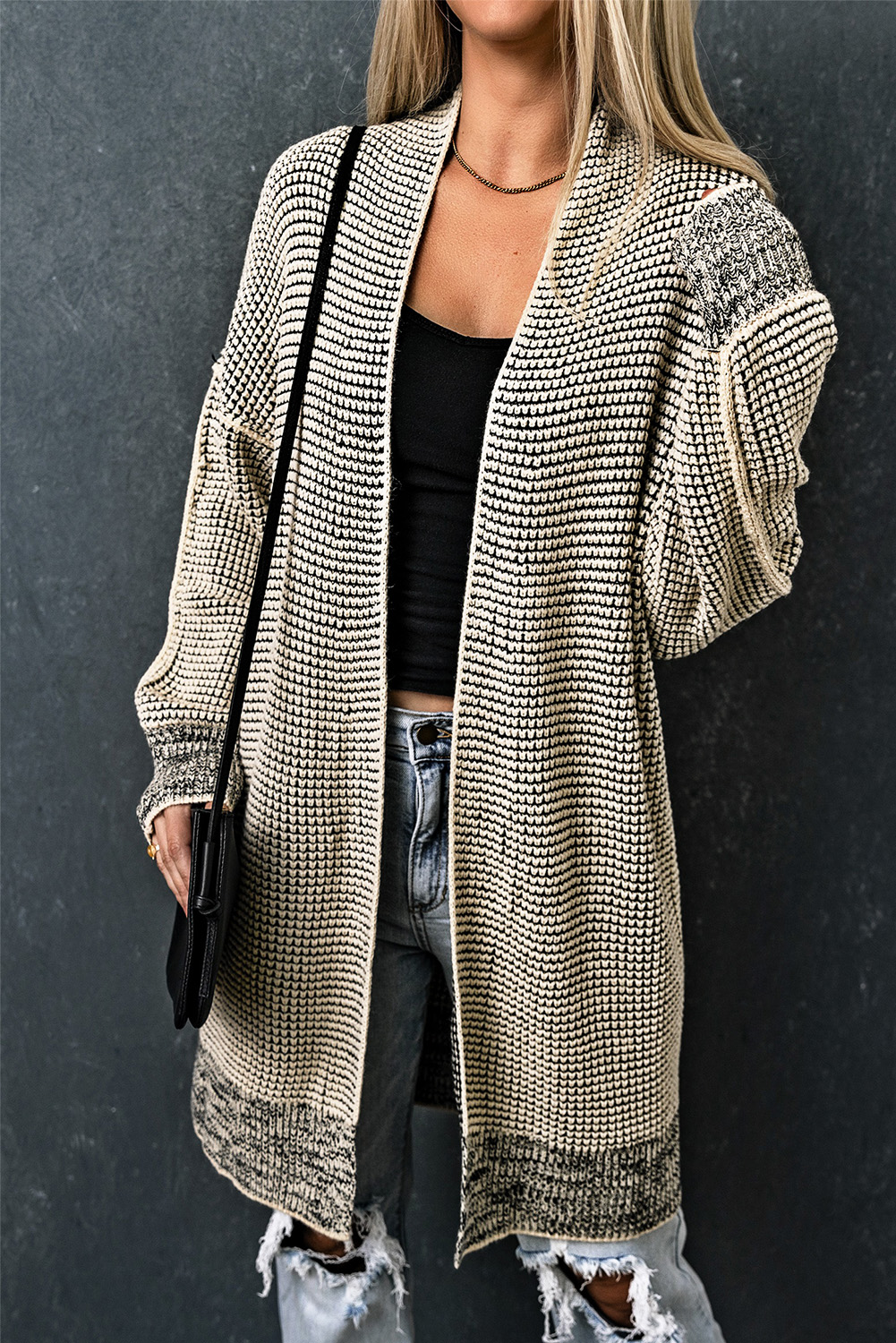 Apricot Plaid Knitted Long Open Front Cardigan - loveforevers