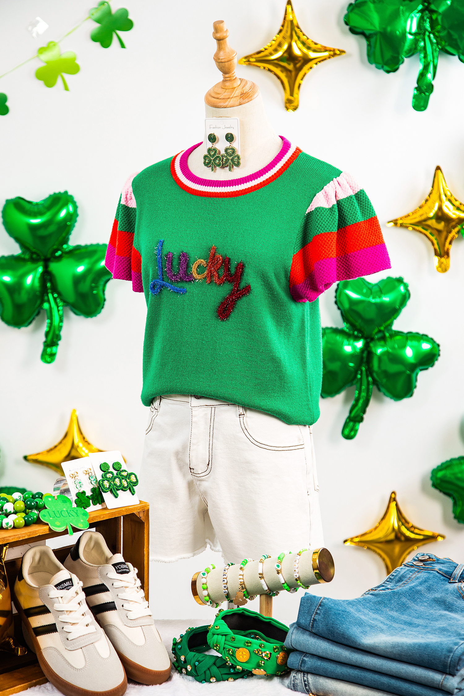 Bright Green Shiny Lucky Striped Flutter Sleeve Round Neck Sweater - loveforevers