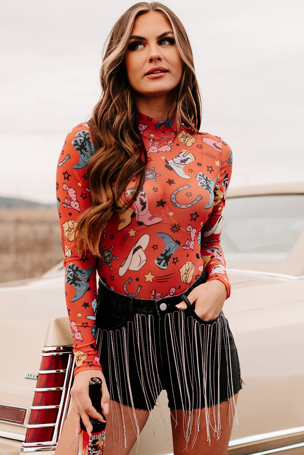 White Rodeo Bound Printed Long Sleeve Bodysuit - loveforevers