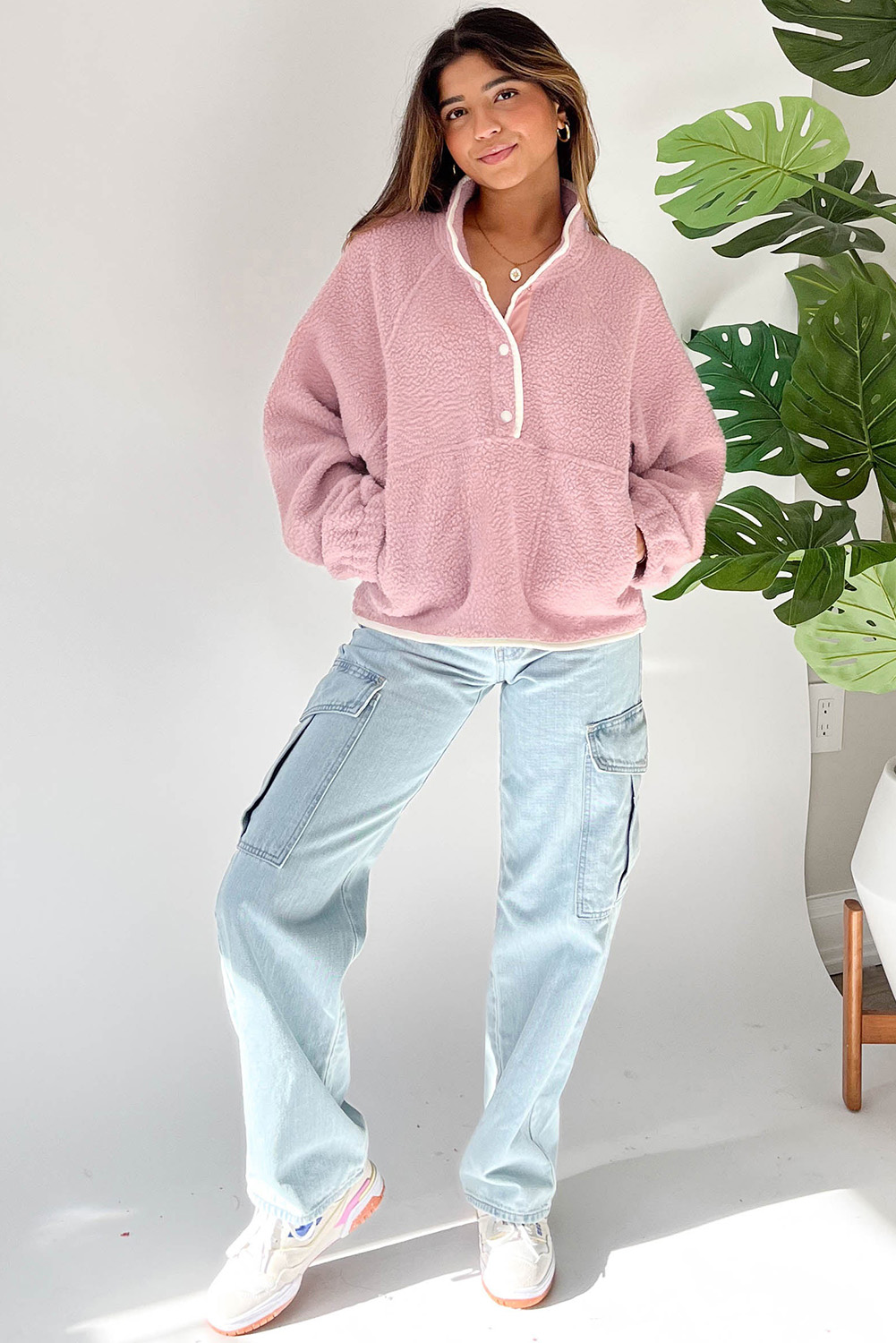 Fushia Stand Neck Half Button Zip Pocket Plush Sweatshirt - loveforevers