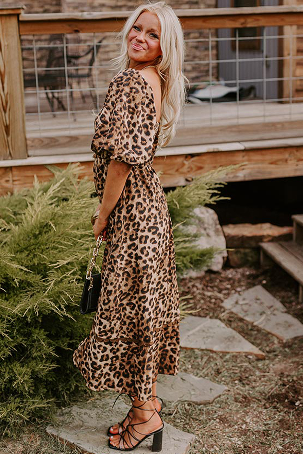 Brown Leopard Print Bubble Sleeve Square Neck Maxi Dress - loveforevers