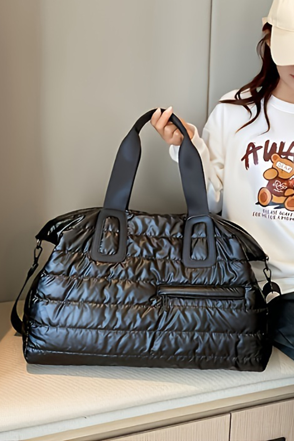 Black Quilted Puffy Large Capacity Waterproof Duffel Bag - loveforevers