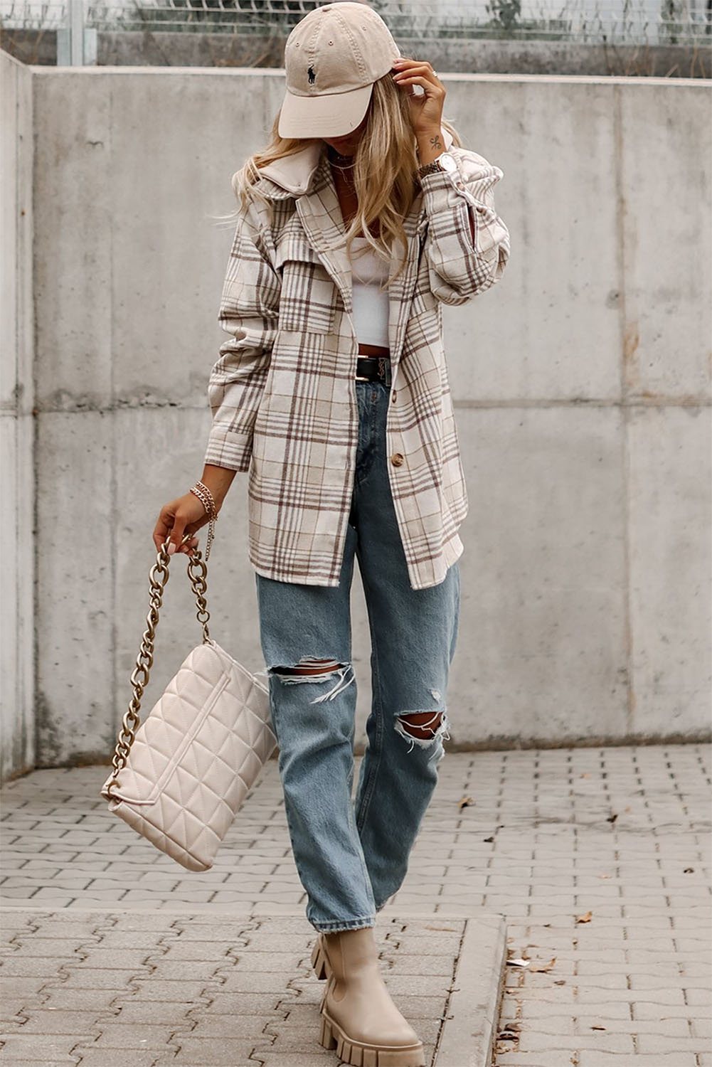 Khaki Plaid Removable Hood Buttoned Shacket - loveforevers