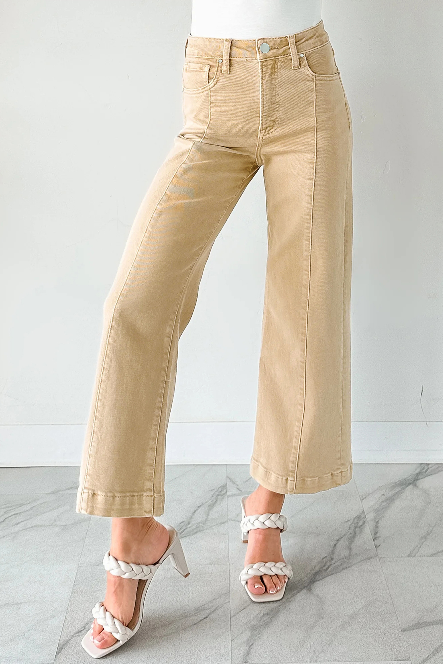 Apricot Solid Color Seamed Center Wide Leg Cropped Jeans - loveforevers